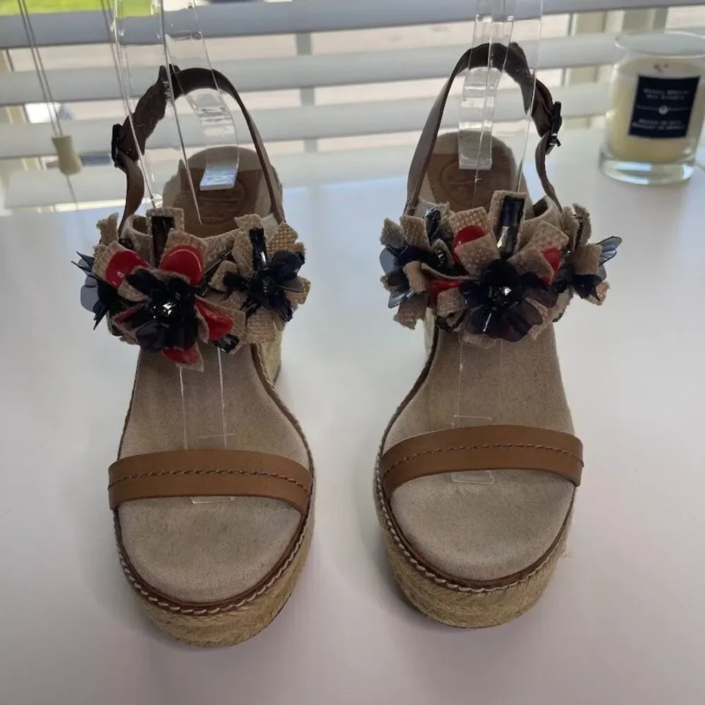 Tory Burch Linen Espadrille Wedge 7.5 Double Strap Sandals Boho Floral Jeweled